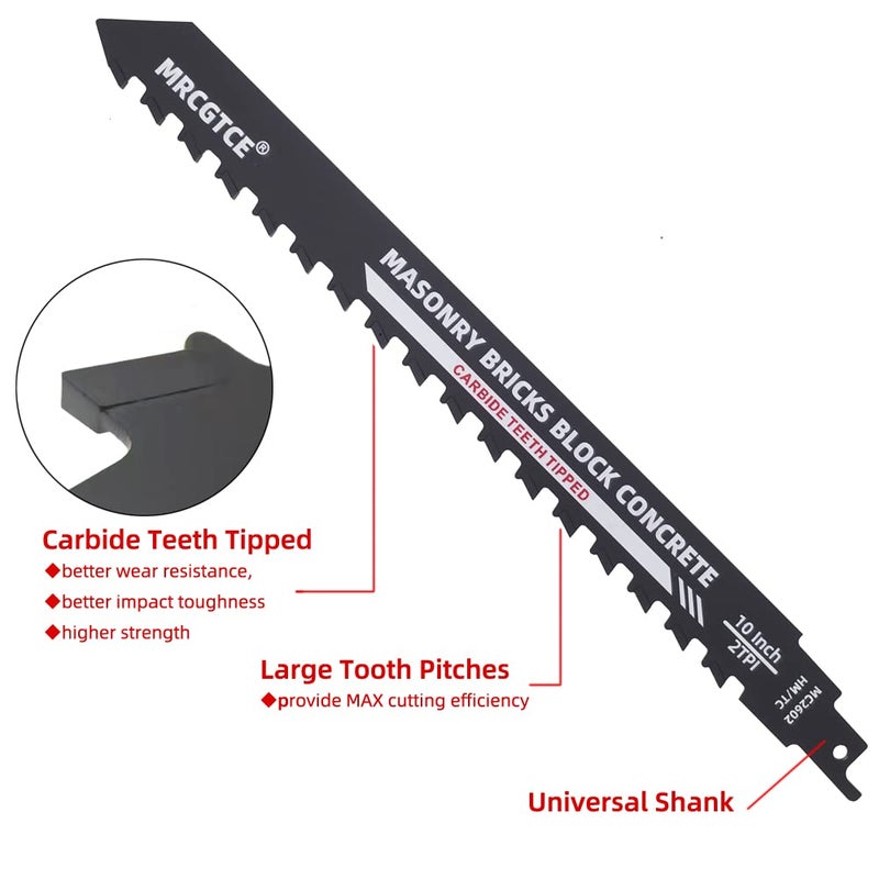 MRCGTCE 10-Inch Masonry Reciprocating Saw Blade, 2 TPI Tungsten Carbide Teeth Tipped Brick Cutting Recip Saw Blade, Demolition Saw Blade for Cutting Red Brick, Light Brick, Fiber Cement, Aerated Concrete, - Image 2